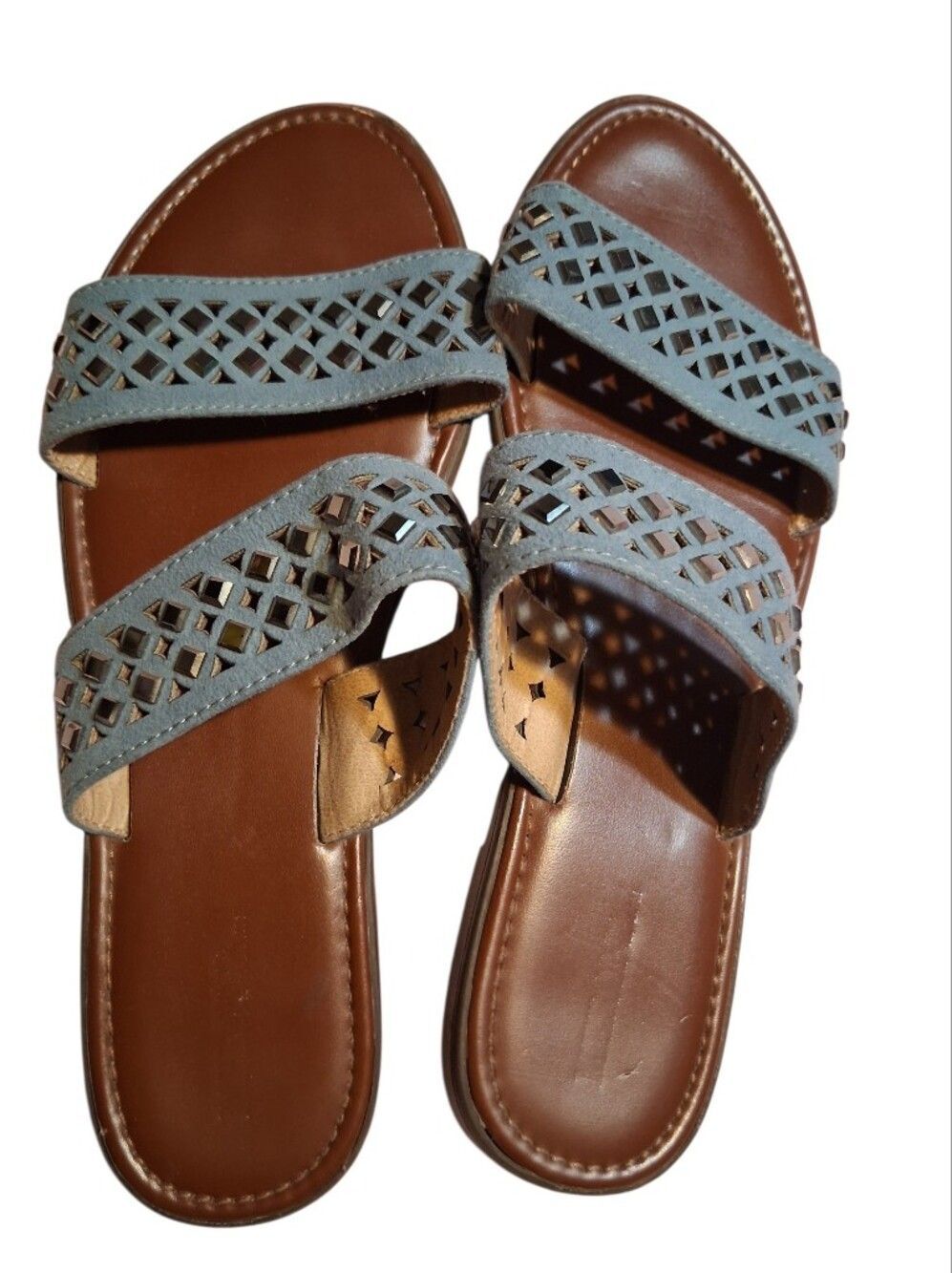 Merona Blue Laser Cut Studded Flats Slides Sandals Size 8